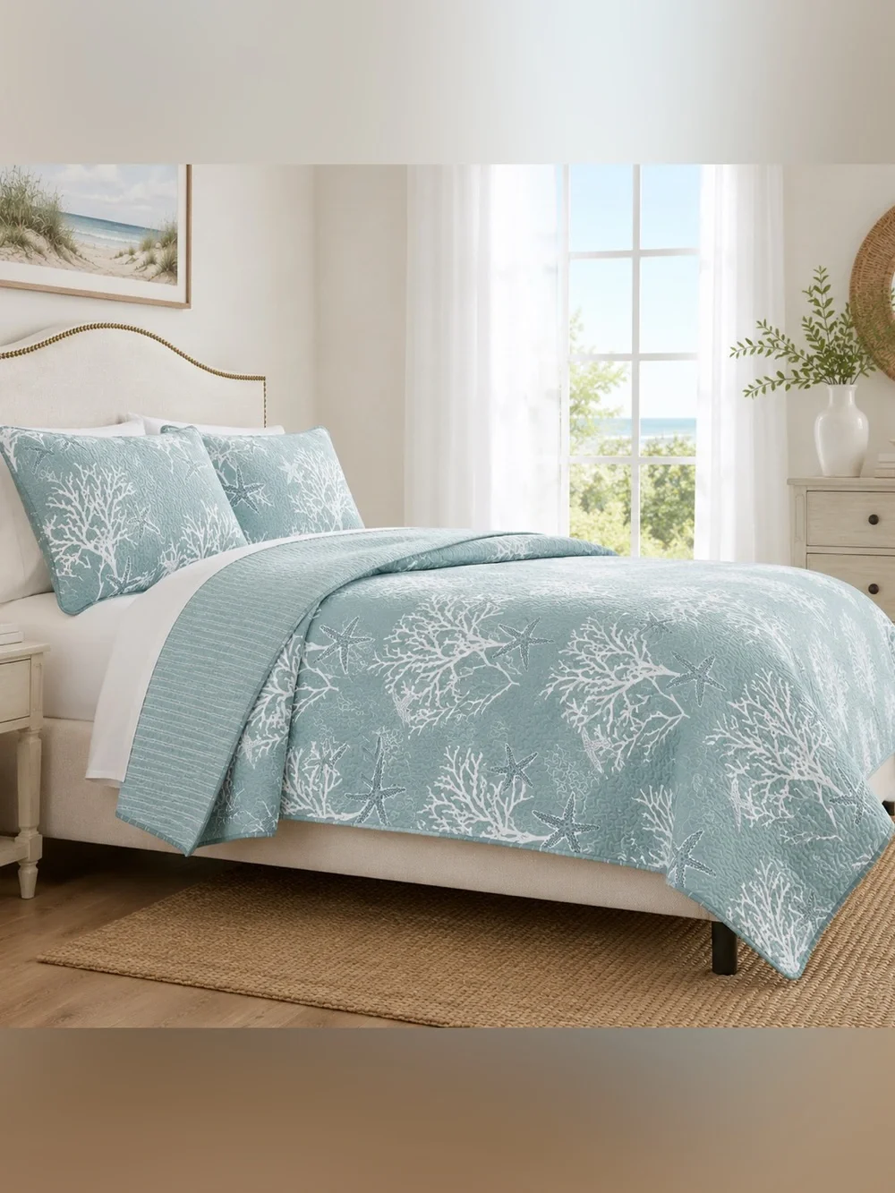 Linery King Coral Starfish Reversible Quilt Set Ether Blue 3 Piece New